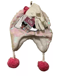 LOL Surprise Mädchen Wintermütze & Handschuhe Set Pailletten rosa Schleife & Bommel Bommel Glitzer - Bild 1 von 9