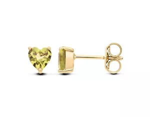 9ct Yellow Gold Natural Peridot Heart Solitaire Stud Earrings August Birthstone - Picture 1 of 8
