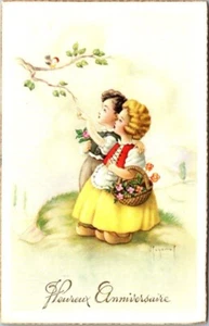 Cartolina Compleanno Francese, Bambini. Uccellino, non usato - ottimo per desideri unici - Foto 1 di 2