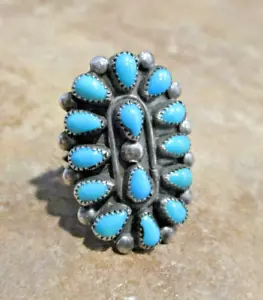 ECCELLENTE Anello Vintage Zuni Argento Sterling Petit Point Turchese a Grappolo 7,25 - Foto 1 di 8