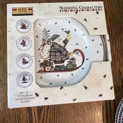 Set of 4 NIB Debbie Mumm Sakura Christmas Sledding Characters Salad Plates NEW - Image 1 of 4