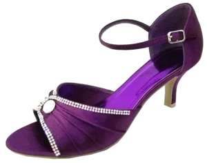 NEW PURPLE SATIN PARTY LOW HEEL DRESSY PROM DIAMANTE GEM STONES SANDALS UK 4 - Picture 1 of 1
