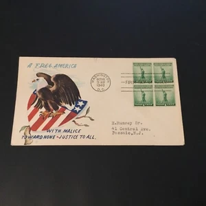 FDC 1940 # A FREE AMERICA WITH MALICE TOWARD NONE JUSTICE TO ALL 1 CENT BLOCK - Picture 1 of 2