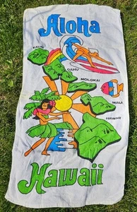 Toalla de Playa De Colección Aloha Hawaii Surfer Hula Bailarín Isla Mapa Maui Molokai Oahu - Imagen 1 de 1
