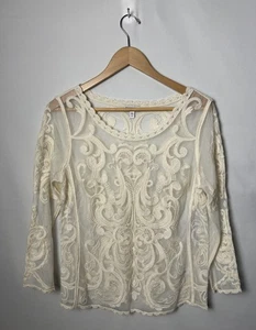 Camisa Express Mujer Pequeña Marfil Malla Transparente Encaje Bordado Manga 3/4 Boho - Imagen 1 de 6