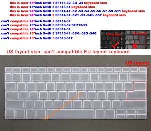 Keyboard Skin Cover for Acer Swift3 SF314-41 SF314-52 SF314-53 SF314-54 SF314-55 - Picture 1 of 9