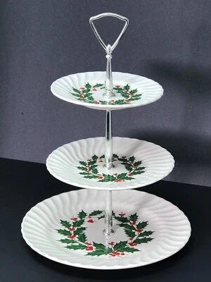 3-Tier Cookie Display White with Holly Wreath Around Center - Image 1 of 3