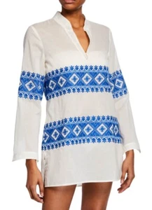 Tory Burch Stephanie Embroidered Coverup Tunic Top Ivory/blue Sz M NWT - Picture 1 of 13