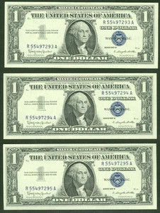 1,00 $ Silber Zertifikate, 1957B Fr. #1621 Gruppe von 3 fortlaufenden Seriennummern - Bild 1 von 1