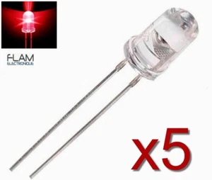 5x LED transparent diode 5mm lumière ROUGE / 5pcs LED bright RED light DIP - Foto 1 di 5