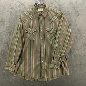 Vintage Ely Cattleman Shirt Men 16 1/2-34 Green Striped Pearl Snap Western - Picture 1 of 15