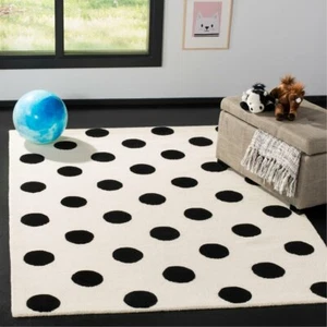 Brenner Polka Dots Black & White Hand-Tufted 100% Wool Soft Area Rug Carpet - Picture 1 of 10
