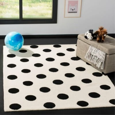 Brenner Polka Dots Black & White Hand-Tufted 100% Wool Soft Area Rug Carpet - Image 1 of 4