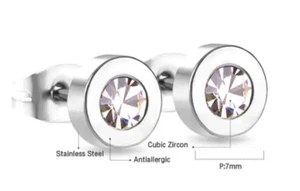 Steel 7mm Stud Earrings CZ Cubic Zirconia Setting Urban Men Women Unisex New - Picture 1 of 1