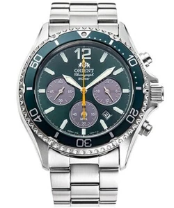 Orient Mako RN-TX0204E Panda Green Solar Chronograph Analog Wrist Watch Men New - Picture 1 of 10