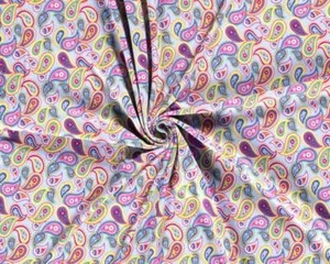 Paisley Design Floral Cotton Jersey Pink/Yellow/Purple Stretch Fabric 150cm 60" - Picture 1 of 5