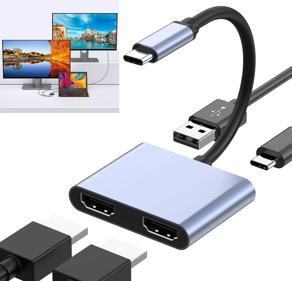 USB-C Thunderbolt3 to Dual HDMI Adapter Extend Mirror 4K HD Triple Win Display - Image 1 of 4