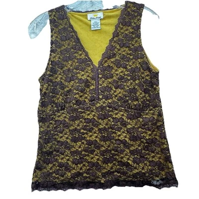 Vintage Y2K Floral Lace Babydoll Tank Top Size Small Brown Yellow Grunge Goth - Image 1 of 4