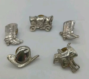 Set Of 5 Cowboy Western Pins Silver Tone Boots, Wagon , Saddle, Hat - Picture 1 of 7