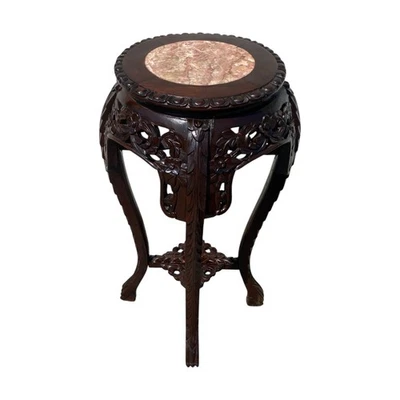 Mesa/pedestal de suporte de planta tampo de mármore jacarandá esculpido chinês meados do século XX 24" - Imagem 1 de 4