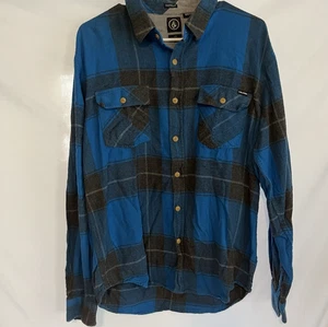 Volcom Shirt Large Mens Blue Black Flannel Button Up Plaid Long Sleeve - Picture 1 of 6