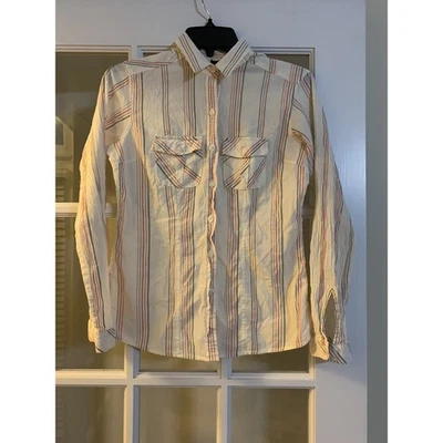 Blusa Patagonia feminina manga longa listrada branca com botões e colarinho tamanho 2 - Imagem 1 de 4