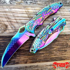 8" Rainbow Flame Dragon Spring Assisted Pocket Knife Tactical Open Blade Folding - Picture 1 of 5