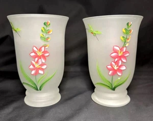 TWO Hand Painted Frosted Glass 6" Vases Flower Hummingbird Centerpiece Spring - Picture 1 of 8