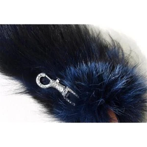 Fur Pendant Silver Fox Key Bag Fur Rhinestone Carabiner Fashion Royal Blue - Picture 1 of 2