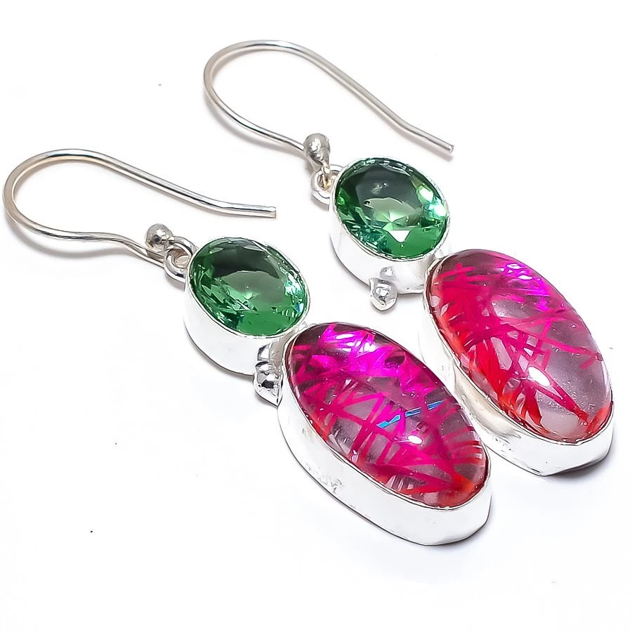 Red Rutile Quartz, Apatite Gemstone 925 Silver Jewelry Earring 2.0" R-2374 - Image 1 of 1