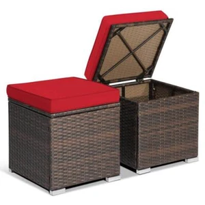Gymax Outdoor Ottoman 16" Hand-Woven PE Wicker Brown w/ Removable Red Cushion - Picture 1 of 8