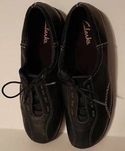 CLARKS Oxford Comfort Flats Dark Blue Pebbled Leather Shoes SZ 9½ M - Picture 1 of 5