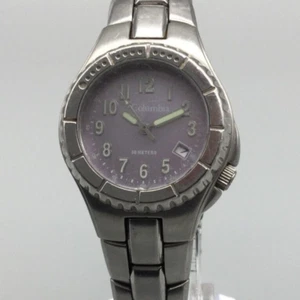 Columbia Watch Women CL-1015 28mm Silver Tone Purple Dial Date New Battery 7.25" - Picture 1 of 11