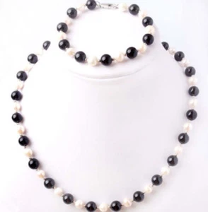 Fine Natural 7-8mm White Freshwater Pearl Black Agate Necklace Bracelet 18/7.5" - Picture 1 of 6