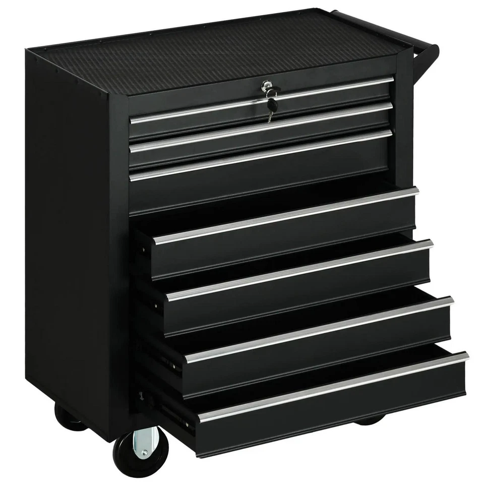 DURHAND Roller Tool Storage Chest Box Garage Workshop Trolley 7 Drawers, Black