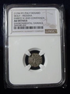 Italy Sicily-Messina 1194-97 Silver Denaro NGC AU DETAILES Enrico VI & Constanza - Picture 1 of 8