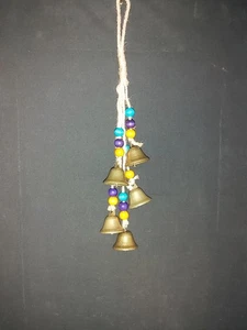 HANDMADE INDIAN METAL BELLS DECORATIVE HANGING WITH BEADS ON JUTE STRING - Picture 1 of 10