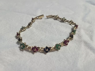 Women’s 14K Solid Yellow Gold Emerald Ruby Sapphire Link Bracelet 7 In Flower US - Image 1 of 4