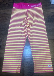 Nike Pro Dri-Fit Women’s Cropped Leggings Pink Yellow Striped Size Medium EUC - Picture 1 of 12