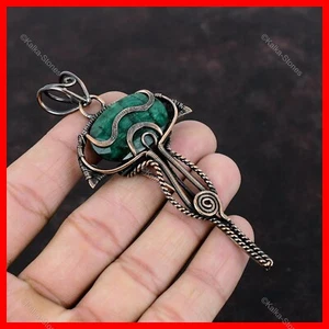 Oval Zambian Emerald Stone Handcrafted Boho Wire Wrapped Pendant Jewelry Copper - Picture 1 of 6
