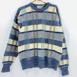 Maglione pullover Christopher Hayes da uomo blu beige maniche lunghe 100% lana M - Foto 1 di 5