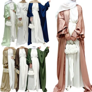 Offene Kaftan Damen Satin Cardigan langes Kleid Abaya muslimischer Kimono Ramadan Robe Neu - Bild 1 von 31