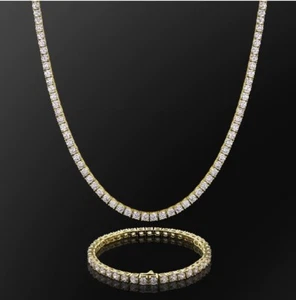 KRKC & CO. CZ 4mm Diamond Tennis Bracelet / Necklace Set 14K Gold Plated NEW Box - Picture 1 of 12