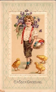 Cartolina Auguri di Pasqua Ragazzo Vittoriano Pulcini Divisi Indietro Timbro 1911 - Foto 1 di 2