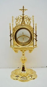 12" GOLD PLATED CHAPEL MONSTRANCE WITH GLASS ENCLOSED LUNA (#374) - Picture 1 of 11