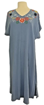 Blair EMBROIDERED LONG Blue Crinkle Cotton Kaftan Large Grandmacore Cottagecore - image 1 of 4