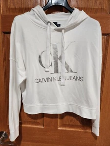 CALVIN KLEIN JEANS Mujer S Blanco Plata Manga Larga Recortado Logo Pullover Sudadera con Capucha - Imagen 1 de 4