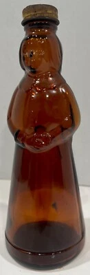 Mrs Butterworth Vintage Brown Amber Glass Yellow Metal Lid Syrup Bottle 10” - Image 1 of 4