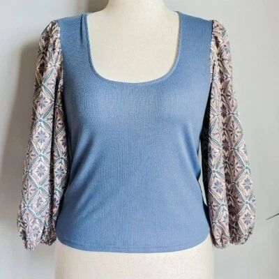 Anthropologie New Dolan Black Ribbed Puff Sleeve Ribbed Top Womens Size Medium - Image 1 of 4