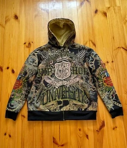 Sudadera con Capucha Para Hombres Y2K Christian Audigier Hip Hop Universidad Estampado Calavera Cremallera Completa L - Imagen 1 de 16